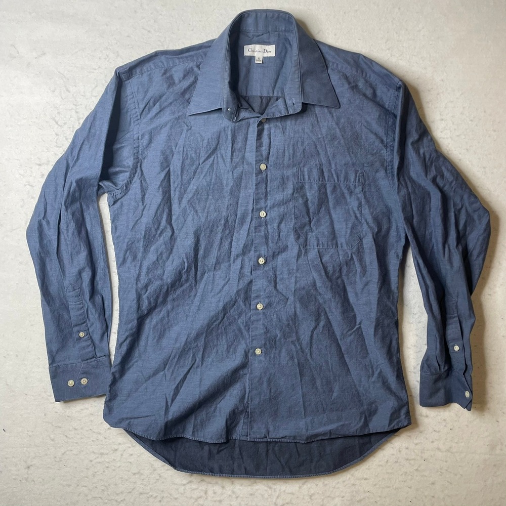 Christian Dior Mens Blue‎ Long Sleeve Button Down Dress Shirt Size 16 34/35